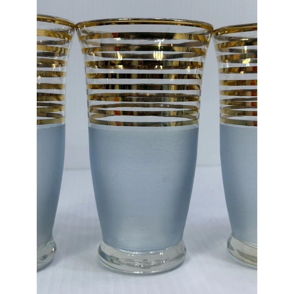 Mid Century Modern MCM Frosted Glass Turquoise Blue Gold Stripe SET 5